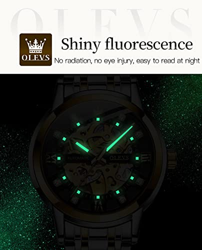 OLEVS Gold Skeleton Men's Automatic Mechanical Watches self Winding Luxury Dress Shiny Diamond Stainless Steel Waterproof Luminous Wrist Watches