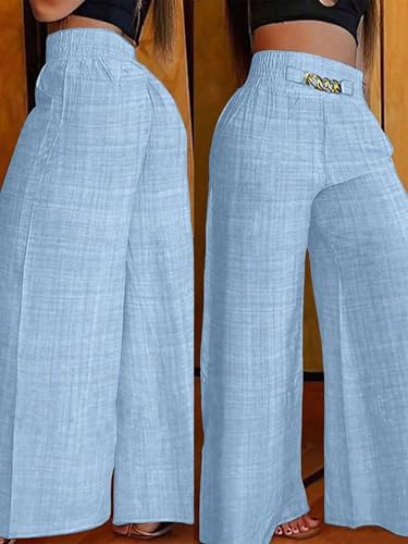 ZAFUL Womens Linen Palazzo Pants Metal Chain Decor High Waist Casual Loose Wide Leg Pants Summer Beach Trousers2