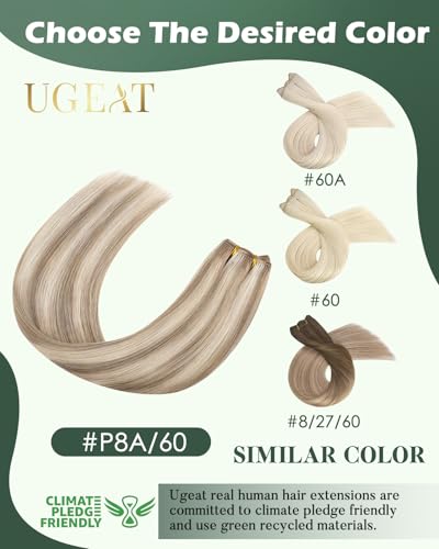 Image of Ugeat Weft Hair Extensions Human Hair, Sew in Hair Extensions 18 Inch 100g, Hair Weft Extensions Light Brown Highlights Platinum Blonde, Softness