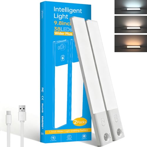 Voinee Care Luz LED Armario Magnético con Sensor de Movimiento con 3 Colores Ajustable, Carga USB Instalación Magnética, Luz Led para Armarios, Guardarropas, Dormitorios y Escaleras (2)
