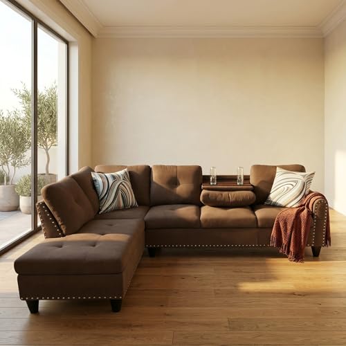Image of L-Shaped Sectional Sofa, Modern 4-Seat Couch with Built-in Cup Holders, Upholstered Fabric Sectional Couch with Left Facing Chaise for Living Room, Apartment, Office, Brown