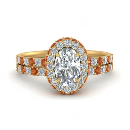 Image of Choose Your Gemstone Oval Halo Rollover Diamond CZ Wedding Ring Yellow Gold Plated Oval Shape Wedding Ring Sets Matching Jewelry Wedding Jewelry Easy to Wear Gifts US Size 4 to 12