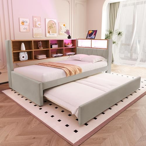 Sweiko - Sofá cama con cama plegable (90 x 200 cm, cama acolchada con iluminación LED, tomas de corriente y múltiples compartimentos de almacenamiento, sofá cama multifuncional simple, luz gris