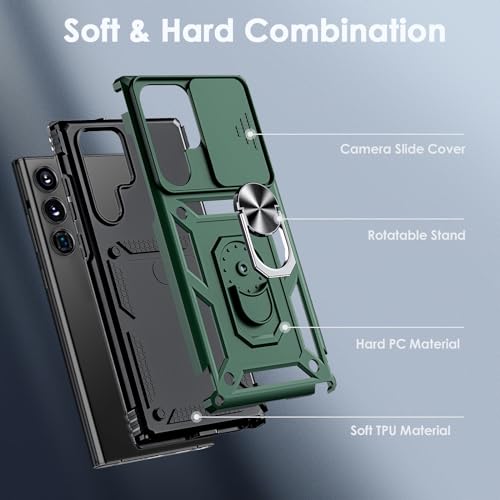 Fewdew for Samsung Galaxy S24 Ultra Case with 2 Pack Screen Protector, Slide Camera Cover & Kickstand, Heavy Duty Shockproof Rugged Protective Phone Cover Case for Samsung Galaxy S24 Ultra, Green - Image 4