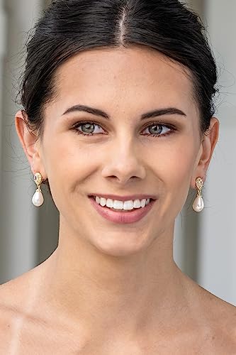 Mariell Gold Pearl Drop Wedding Earrings with CZ Crystals for Brides, Bridesmaids, Mother of the Bride2
