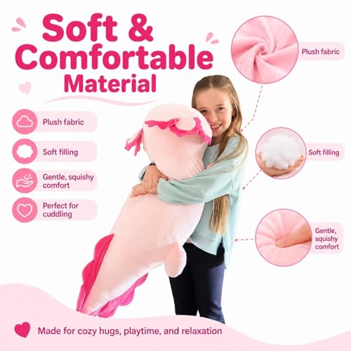 Image of BENINY 39-Inch Giant Axolotl Plush Pillow, Hot Pink Large Stuffed Animal, Extra Soft Huggable Cuddly Toy Gift for Kids Girls Boys, Birthday Christmas Room Decor