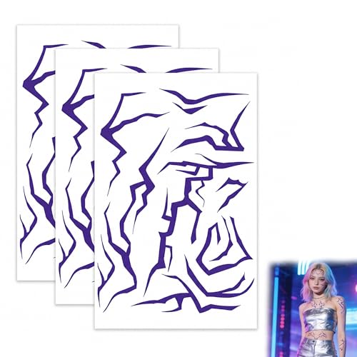 Set di 3 tatuaggi temporanei da Cacciatore di Demoni : design a fulmine demoniaco viola fluorescente UV per viso e corpo, cosplay, rave, Halloween, feste in maschera
