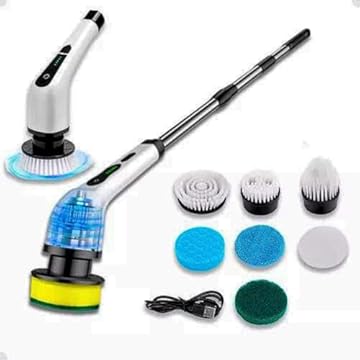 Esfregão Elétrico Giratório 7 em 1 com Iluminação LED, Sem Fio, 7 Cabeças de Escova Substituíveis e Alça Ajustável para Limpeza de Banheiros, Banheiras, Azulejos e Paredes de Chão