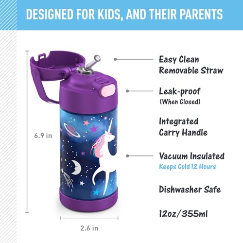 Image of THERMOS FUNTAINER Water Bottle with Straw - Kids Stainless Steel Vacuum Insulated Water Bottle with Lid, Space Unicorn, 12 Ounces (Pack of 6)
