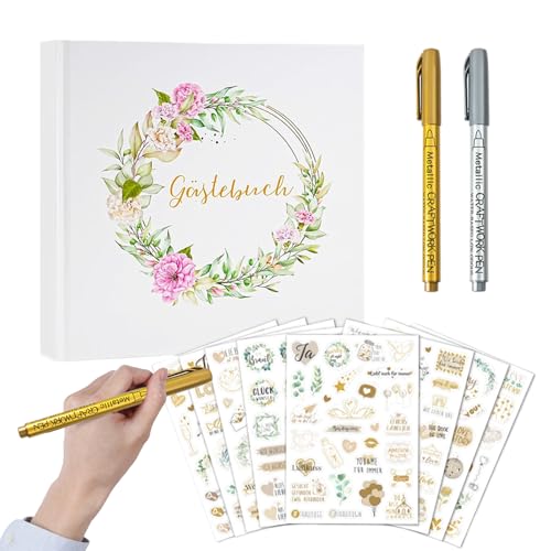 Libro de visitas para la boda con lámina dorada diseño floral y pegatinas 8