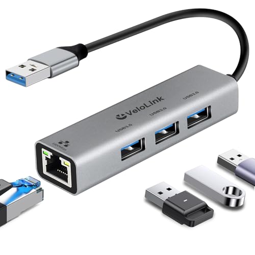velolink USB ethernet Adapter, USB 3.0 hub with rj45,4-in-1 3.0 Hub with Gigabit Ethernet Adapter, Gigabit Ethernet to USB Adapter for Laptop,PC, MacBook Pro, iPad Pro,and More Type A Laptops