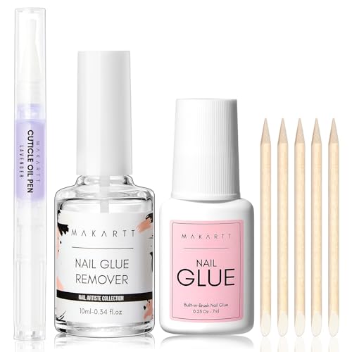 Makartt Nail Art Supplies Kit - Brush On Glue 7ML, Remover 10ML, Cuticle Oil 5ML, 5 Wooden Sticks, All In One for Glue On Nails