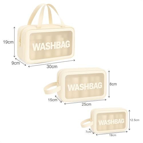 Image of FLYNGO Clear Makeup Pouch Set, Cosmetic Organizer Bag for Women and Girls Travel Waterproof Toiletry Storage Kit (Set of 3 Beige)
