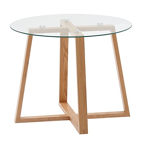 möbelando Couchtisch 58x58x47 cm Sofatisch Eiche Massivholz/Glas Rund | Design Wohnzimmertisch Modern | Holztisch Stubentisch Klein | Kaffeetisch Tisch Wohnzimmer Echtholz