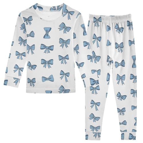 Pajama Sets Long Sleeve Blue Bow Tie Pattern Soft Comfy Sleepwear 2 Piece PJS 3-8T