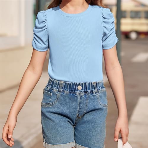 Girls Puff Short Sleeve Shirts Ribbed Knit Crewneck T Shirt Tops Cotton Solid Color Pullover Casual Tee Blouse2