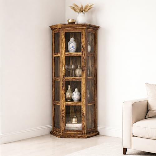 Image of SONA ART & CRAFTS Astro Sheesham Wooden Crockery Cabinet with Glass Door | Solid Wood Multipurpose Storage Cabinets for Living Room Home & Kitchen | Book Shelf Wooden - Teak Finish