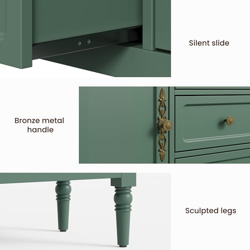 Image of FansaFurn Green Storage Cabinet, Mid-Century Buffet Cabinet with 2 Doors & 3 Drawers, Accent Sideboard Cabinet with Adjustable Shelves & Turned Legs, Great for Entryway, Living Room, Dining Room