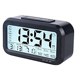 WinFong Digital Alarm Clock for Bedroom, 4.3' Screen Desk Clock with 3 Bells, Rechargeable Battery Operated Small Clock with Temperature, Snooze, Calender, 12/24H Display for Heavy Sleepers (Black)