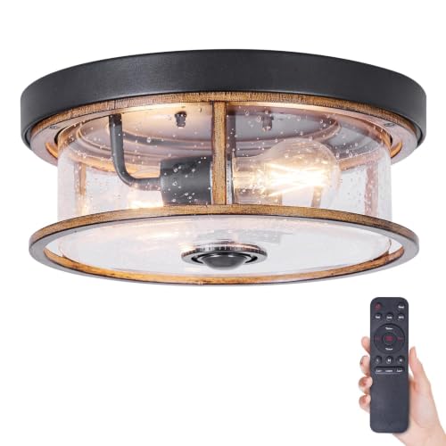 Ejerlya Motion Sensor Outdoor Flush Mount Ceiling Light, Glass Rustic Wood-Like Finish 2-Light Ceiling Lamp for Porch, Entryway, Garage, Timer and Sensitivity Adjustable