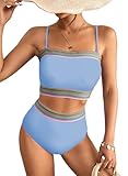 Herseas Women's Two Piece Bandeau Sky Blue Bikini Swimsuit Off Shoulder Cheeky High Waisted Tummy Control Bathing Suits Small 4 6