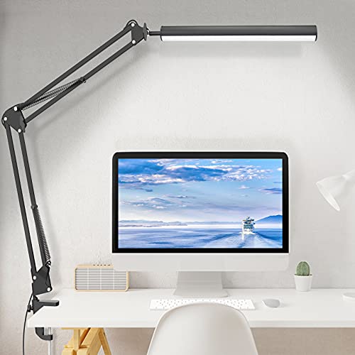 LED Desk Lamp, Adjustable Swing Arm Desk Lamp with Clamp, 12W Dimmable Desk Light, Eye-Caring Desk Light, Memory Function Table Light, 3 Color Modes, 10-Level Brightness, Desk Lamps for Home Office