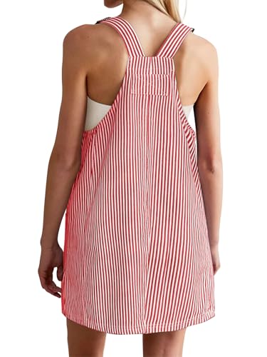 Image of Yousify Womens Casual Denim Dress Summer Striped Overalls Romper Adjustable Straps Sleeveless Jean Dresses with Pockets