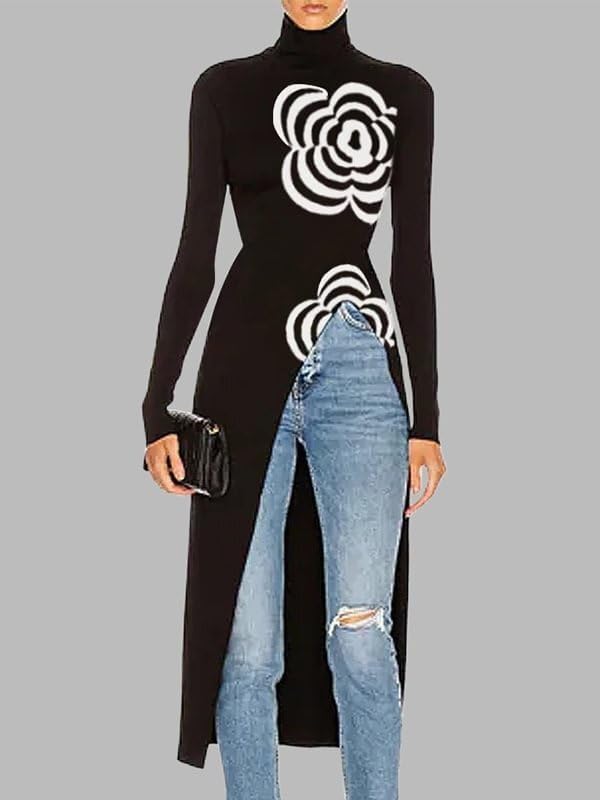 UOOZEE Women's 2025 Turtleneck High Neck Knitted Sweater Slim Fitted Asymmetric Floral High Split Dress