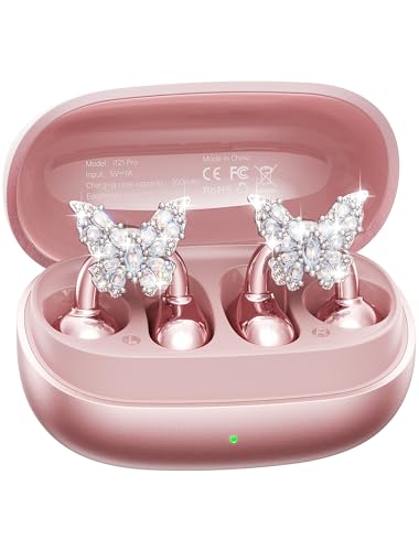 Kinglucky Gen2 Clip-On Open Ear Earbuds with Sparkle Butterfly Earrings Earrings-On Storage Case Bluetooth 5.4 Wireless Headphones for Women 40H Playtime Comfortable Fit for Small Ears Rose Gold