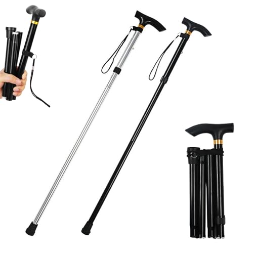 折りたたみ杖 伸縮式杖 2本セット ステッキ 杖 5段階高さ調整 85-95cm 介護杖 歩行支援 爪 補強 アルミニウム製 超軽量 携帯に便利 登山用 歩行用 補助杖 多機能 アウトドア 杖 男女性用 (ブラック+シルバー)