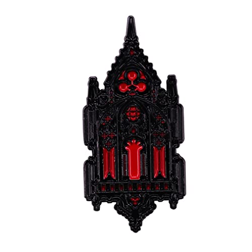 Broche gótico de arquitectura de iglesia a la moda, mágico negro y rojo, insignia de iglesia misteriosa, arquitectura misteriosa, goteo, esmaltado, pin de Halloween, noche, glamour, joyería de moda,