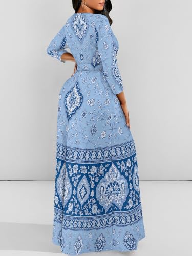 Image of Women Plus Size Long Sleeve V Neck Maxi Dress with Belt | Soft fabric relaxed fit three quarter sleeve v neck with pockets for party and daily wear