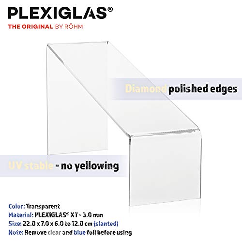 Warenträger-Set als Schuhständer (schräg) und Präsentationsdisplay, transparenter Verkaufsständer, Dekoständer aus original PLEXIGLAS in drei verschiedenen Höhen für z.B. Schuhe oder Sammlerstücke