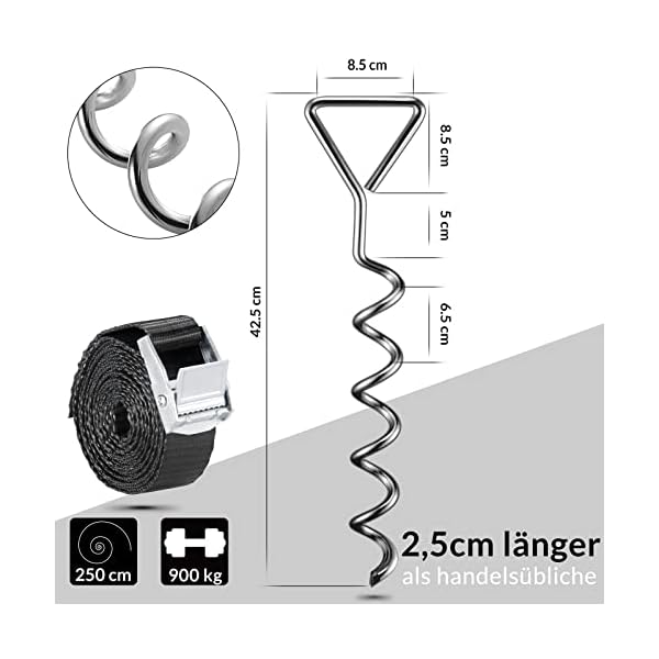 Monzana Piquets d'ancrage Spirales Sangles de Serrage Kit ancrage résistance 900kg Acier Inoxydable Fixations pour Trampoline Sécurité Gris 41jsWkAV1kL. SS600