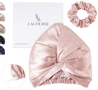 LaCourse Non-Slip Upgraded Adjustable 22 Momme 100% Mulberry Silk Bonnet for Sleeping Women, Double-Layered Silk Hair Wrap with More Durable Elastic Stay on Head. Pink