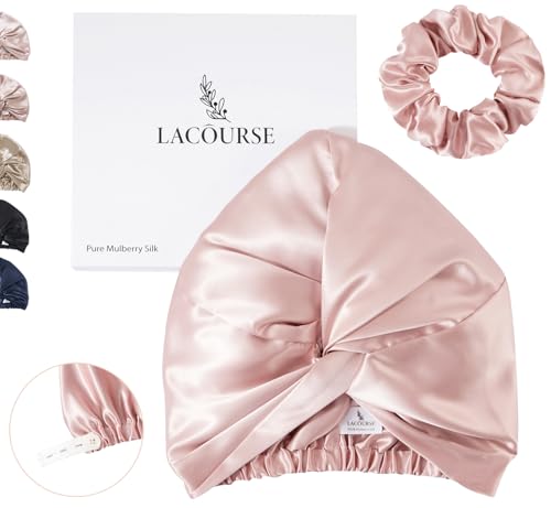 Image of LaCourse Anti-Slip Adjustable 22 Momme 100% Mulberry Silk Bonnet for Sleeping Women, Double-Layered Silk Hair Bonnet for Curly Hair, One Size (21-24" Head Size), Pink