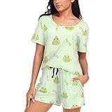 vvfelixl Women'S Pajamas Sets Cute Frogs Dragonflies Sleepwear For Women Short Sleeve Loungewear Green S