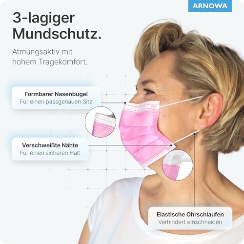 ARNOMED 50x Medizinische Mundschutzmaske Pink, CE Zertifizierte Op Maske, Medical Face Mask, Schutzmaske Mund & Nase, Einwegmasken, Chirugischer Mundschutz, Klinische Gesichtsmasken