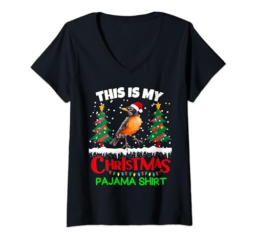 This is my Christmas Pajama Shirt American robin bird kids V-Neck T-Shirt
