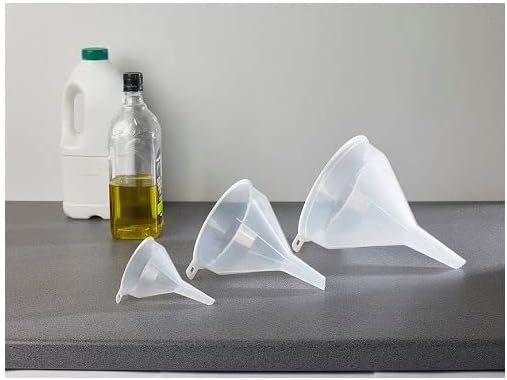 KARRMA ® SET OF 3 CLEAR PLASTIC FUNNEL 8cm,14 cmAND 18cm Clear Plastic Funnel PVC Made Strainer Filter Tool Essential Oils Filling Bottle Funnel Science Laboratory Liquid Filtering Funnel ETC