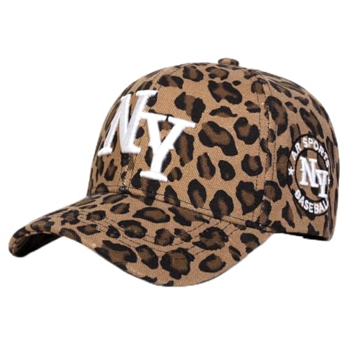 Leopard Print Baseball Cap with NY Logo Adjustable Fit for Outdoor Casual Wear Trendy Comfortable Hat for Men and Women (One Size,Brown)