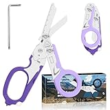 6-in-1 Heavy-Duty Emergency,trauma shears, Folding Retractable Emergency Shears, Outdoor Camping Tools, Seat Belt Cutter, Oxygen Cylinder Wrench, Complimentary Adjustable Wrench (Purple)