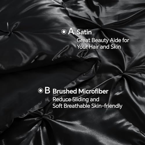 Image of BEDELITE Satin Comforter Set Twin Size, 5 Pieces Pintuck Bed in A Bag with Comforter, Flat Sheet, Fitted Sheet, Pillowcases, Shams, Soft Cozy Similar to Silk Bed Set for All Seasons (Black)