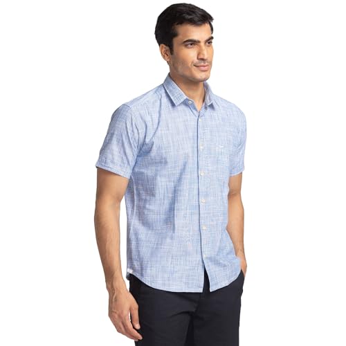 Image of Park Avenue Men's Pure Cotton Chambray Pattern Slim Fit Ainsley Collar Half Sleeve Casual Shirt