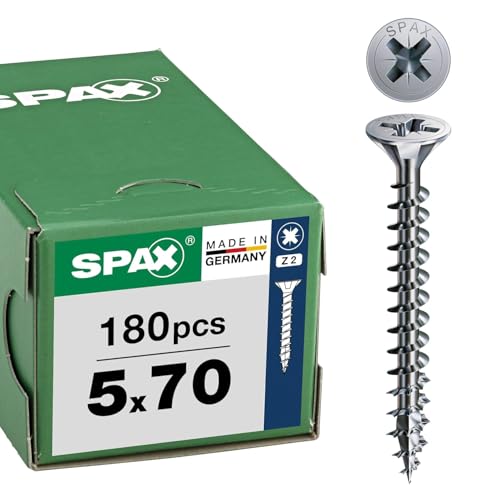 Image of SPAX Universal Screws 5 x 70 mm, Pack of 180 - Countersunk Screws with WIROX Coating, Fully Threaded, Phillips Z2, 4CUT Tip - Wood Screws 8000000288173