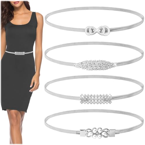 4 Pack Women Skinny Waist Belt for Dress, Elastic Metal Chain Belt Fashion Rhinestone Pearl Thin Stretchy Cinch