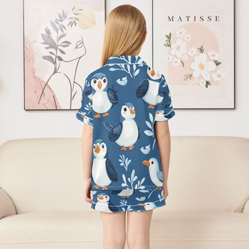 Satin Pajama Sets Short Sleeve Cute Birds on Blue Button Down Silky Nightwear 2 Piece PJS 5-14Y4
