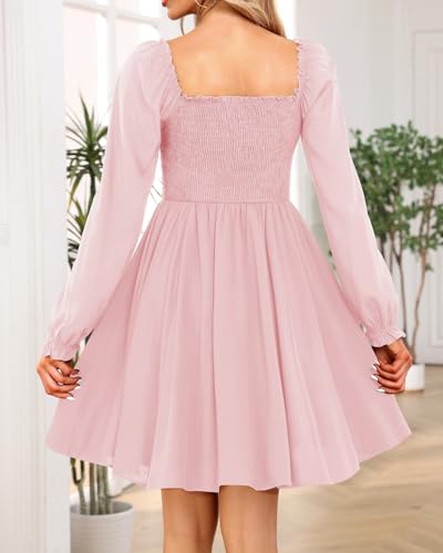 Image of Holipick Women's Casual Square Neck Smocked Dress Shirred Ruffle Puff Sleeve High Waist Cute Flowy A-Line Short Dress