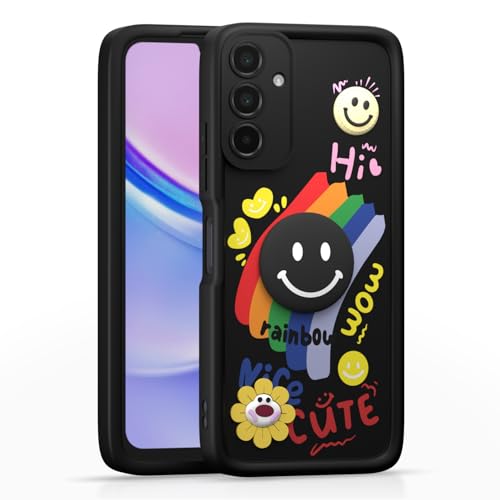 Image of Pikkme Back Cover for Samsung Galaxy M15 / F15 / M15 5G Prime | Soft Silicone| Cute Rainbow Smile & 3D Cartoon Flower Design | Shockproof Raised Camera Protection Bumper Case (Black)