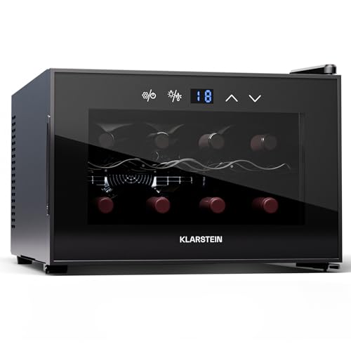 KLARSTEIN Vinoteca para Vinos de 21L Nevera Vino Zona Doble, Botellas Vino, Proseco y Cervezas, Vinoteca Pequeña Puerta Cristal para Interior y Exterior, Nevera para Vinos Capacidad 8 Botellas